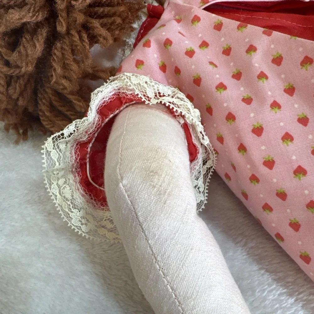 Vintage Rag‎ Doll Strawberry Dress Yarn Hair Handmade Stuffed Toy Plush Doll